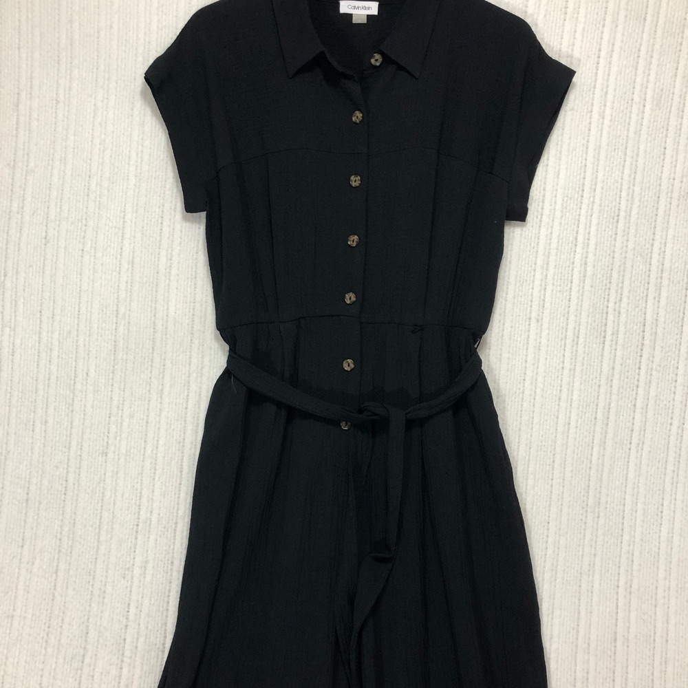 Calvin Klein Black Short Sleeve Wide Leg Button Front‎ Belted Jumpsuit Size 12